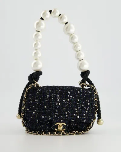 Pre-owned Chanel Sequin Tweed Mini Rectangular Bag With Pearl Rope Handle And Champagne Gold Hardware In Multi