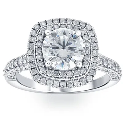 Pompeii3 3ct Diamond & Moissanite Cushion Halo Engagement Ring In White Or Yellow Gold In Silver