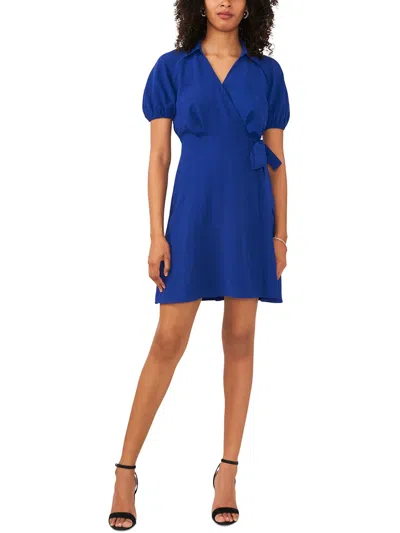 Msk Petites Womens Mini Puff Sleeve Fit & Flare Dress In Blue