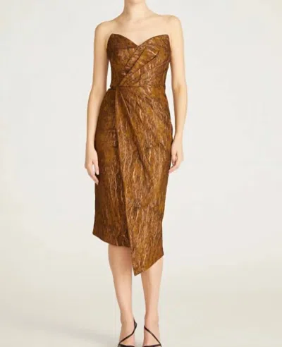Theia Marcy Pleated Strapless Jacquard Midi Dress In Brown