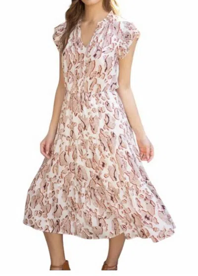 Voy Pleated Ruffle Sleeve Tiered Midi Dress In Brown In Pink