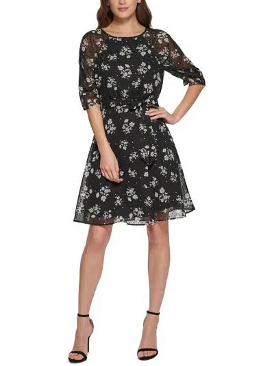 Dkny Womens Floral Print Polyester Fit & Flare Dress In Black
