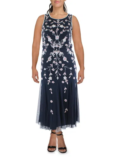 Adrianna Papell Womens Beaded Sleeveless Evening Dress In Blue
