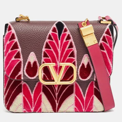 Valentino Garavani /plum Leather And Velvet Embroidered Vsling Shoulder Bag In Multi