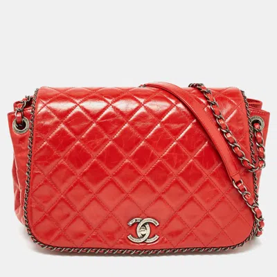 Pre-owned Chanel Quilted Aged Leather Chain Around Accordion Flap Bag In Orange