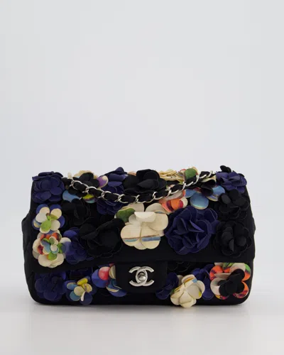 Pre-owned Chanel 15c Navy Camelia Embroidered Flap Bag In Fabric Material With Silver Hardware In Multi
