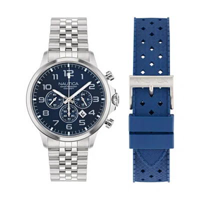 Nautica Mens Nct Blue Ocean Stainless Steel Chronograph Watch In Silver