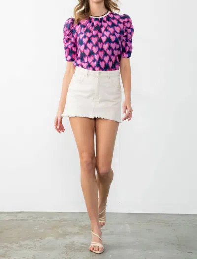 Thml Heart Print Top In Pink Hearts In Navy In Blue