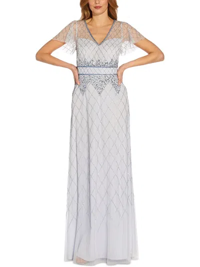 Papell Studio By Adrianna Papell Womens Beaded V-neck Evening Dress In Silver
