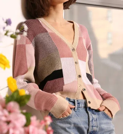 Minnie Rose Ribbed Plaited Cardigan In Colorblock Multi In Pink