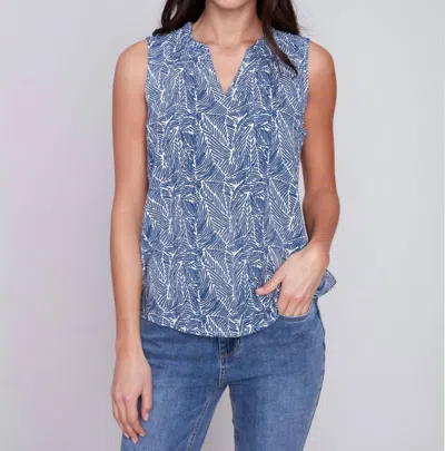 Charlie B Sleeveless Printed Ruffle Neck Blouse In Petals In Blue