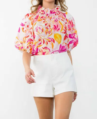 Thml Puff Sleeve Flower Print Top In Floral Pink In White