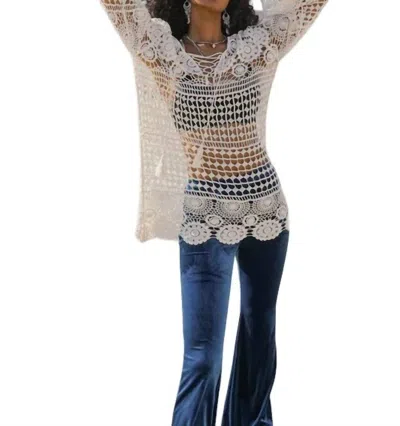 Leto Annalise Lace-up Crochet Tunic Top In White In Beige