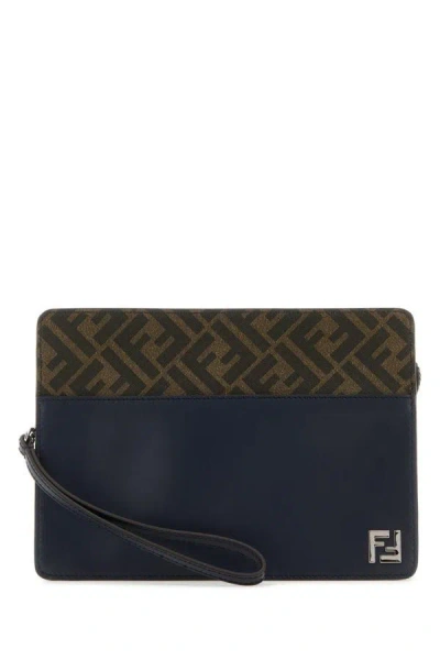Fendi Man Embroidered Canvas And Leather Standing Clutch In Multicolor