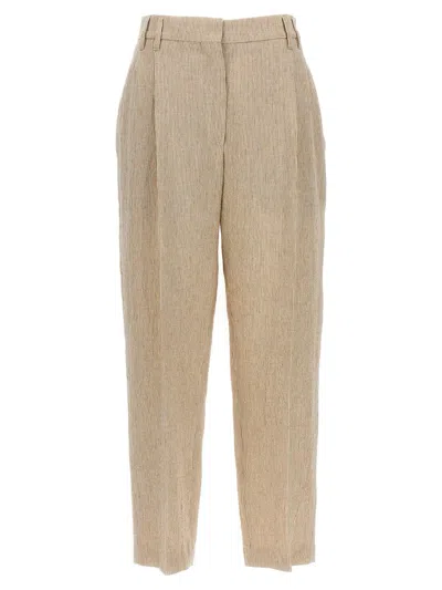 Brunello Cucinelli Striped Pleated Pants In Beige