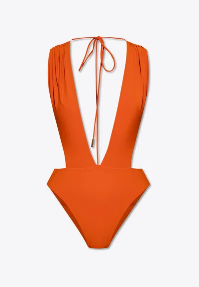 Saint Laurent Backless V-neck One-piece Swimsuit In Orange