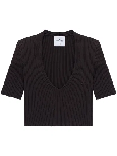Courrèges Ribbed Knit V-neck Top In Mud Brown