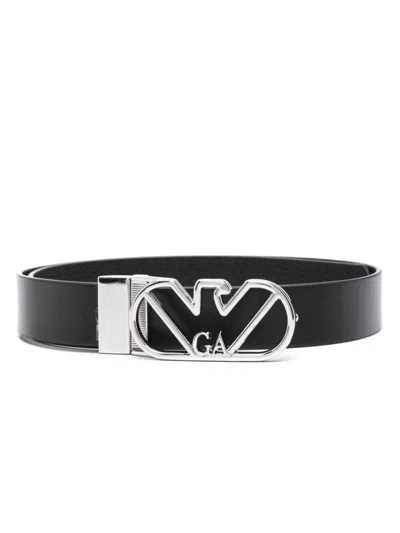Emporio Armani Official Store Reversible Belt In Deer-print Leather With Eagle Buckle In Black