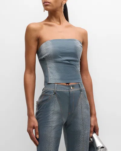 Laquan Smith Denim-printed Leather Strapless Crop Bustier Top In Washed Denim