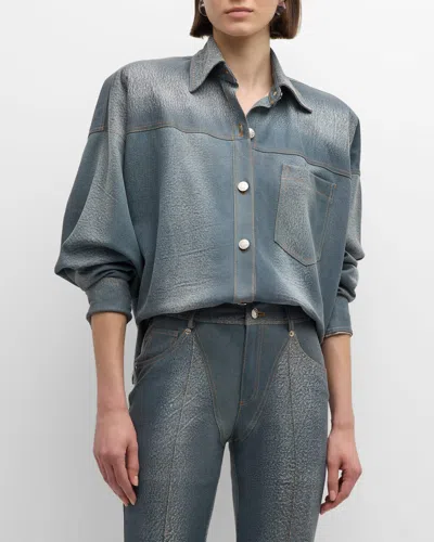 Laquan Smith Denim-printed Leather Oversized Button-down Shirt In Washed Denim