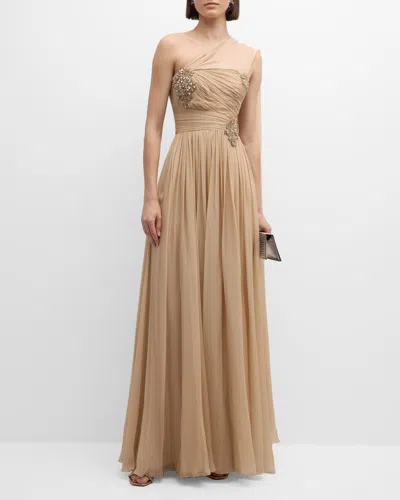 Zuhair Murad One-shoulder Crystal-embellished Gathered Pleated Silk-chiffon Gown In Rugby Tan