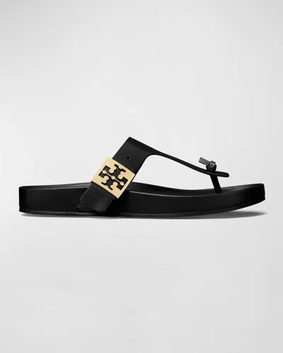 Tory Burch Mellow Leather Buckle Thong Sandals In Perfect Black / Perfect Black