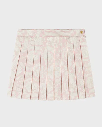 Versace Kids' Barocco-print Pleated Skirt In Dusty Rose/ivory