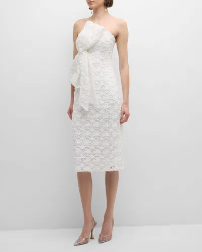 Jovani Strapless Bow-front Applique Midi Dress In White