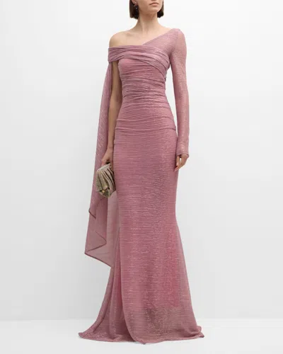 Talbot Runhof Metallic Voile Off-the-shoulder Cape Gown In Azalea Pink