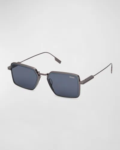Zegna Men's Ez0243m Metal Rectangle Sunglasses In Matte Gunmetal Blue