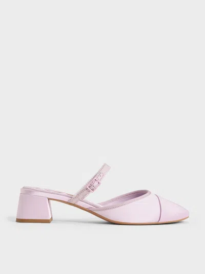 Charles & Keith - Satin Buckled-strap Trapeze-heel Mules In Lilac