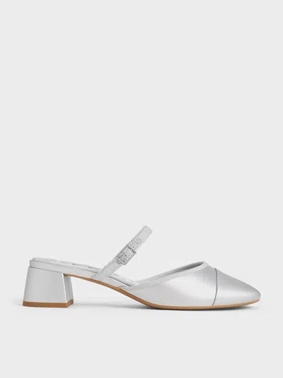 Charles & Keith - Buckled-strap Trapeze-heel Mules In Silver