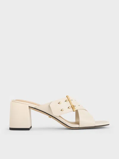 Charles & Keith - Leather Crossover Block Heel Mules In White