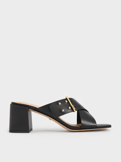 Charles & Keith - Leather Crossover Block Heel Mules In Black