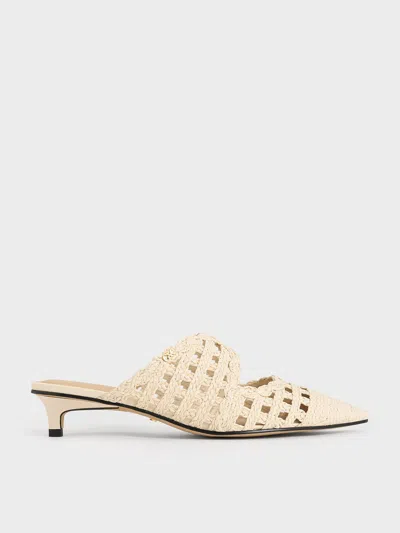 Charles & Keith - Raffia Kitten-heel Pointed-toe Mules In White