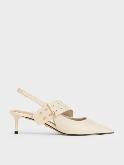 Charles & Keith - Leather Asymmetric-strap Slingback Mary Jane Pumps In White