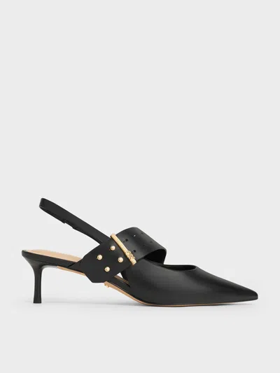 Charles & Keith - Leather Asymmetric-strap Slingback Mary Jane Pumps In Black