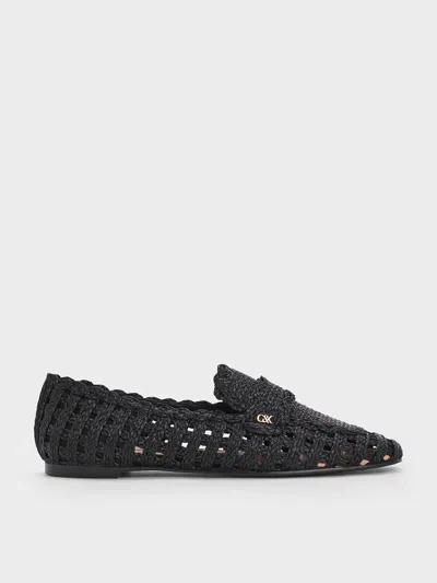 Charles & Keith - Raffia Woven Loafers In Black Textured