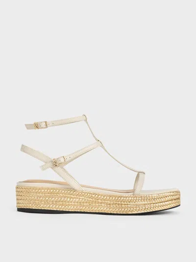 Charles & Keith - Leather T-bar Espadrille Sandals In White