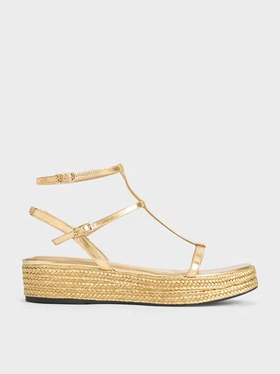Charles & Keith - Metallic Leather T-bar Espadrille Sandals In Gold