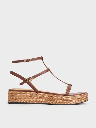 Charles & Keith - Leather T-bar Espadrille Sandals In Brown