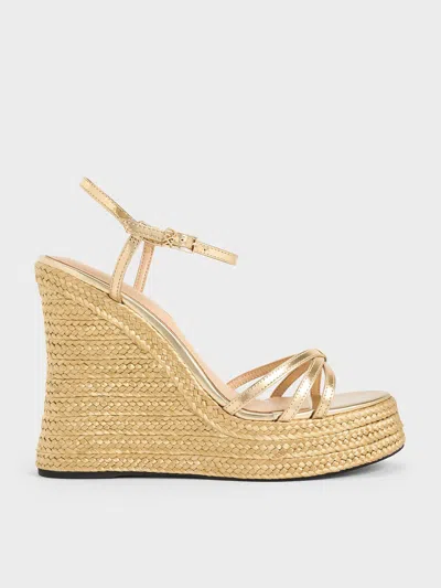 Charles & Keith - Leather Metallic Strappy Espadrille Wedges In Gold