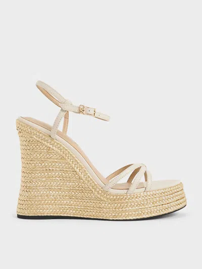 Charles & Keith - Leather Strappy Espadrille Wedges In White