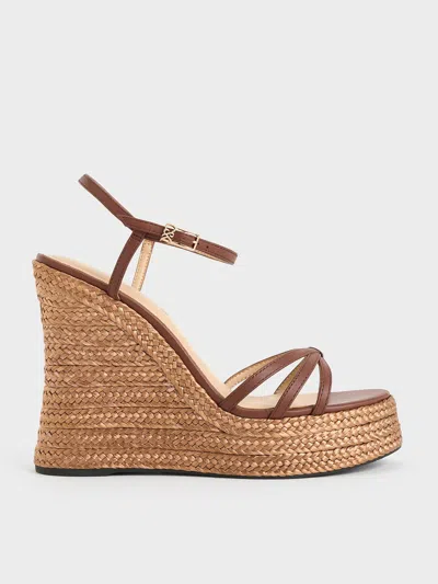 Charles & Keith - Leather Strappy Espadrille Wedges In Brown