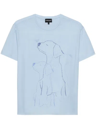 Emporio Armani Printed Cotton T-shirt In Blue