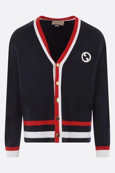 Gucci Knit Wool Cardigan With Patch In Blue+red+ivory