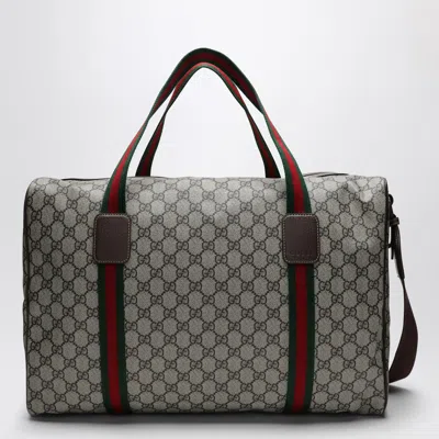 Gucci Medium Duffle Bag With Web Detail In Beige And Ebony Gg Fabric In Neutral