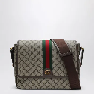 Gucci Shoulder Bag With Web Detail In Beige And Ebony Gg Fabric In Burgundy