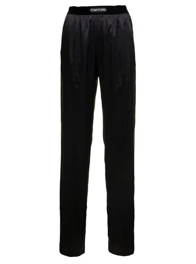 Tom Ford Black Loose Pants With Logo In Stretch Silk Woman