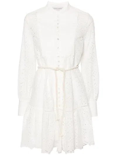 Ermanno Firenze Printed Cotton Blend Short Dress In White